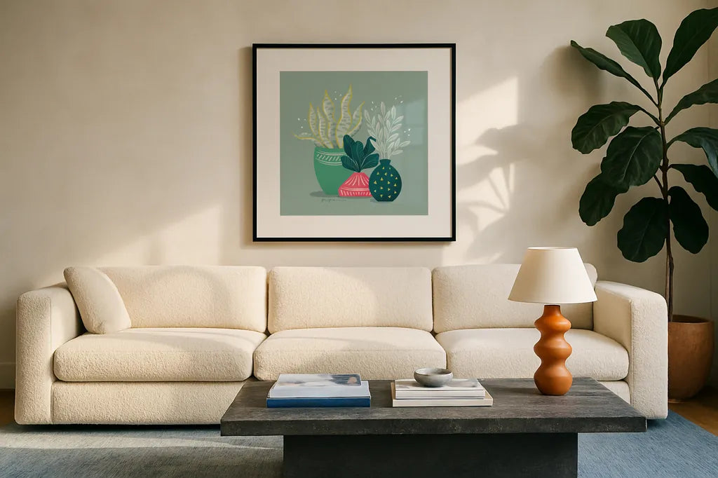 Lush Life VIII by Gia Graham. Displayed in a glass frame with matte in a clean modern living room. Available as an archival giclee rolled canvas, fine art paper, or poster print. SKU 80225a.