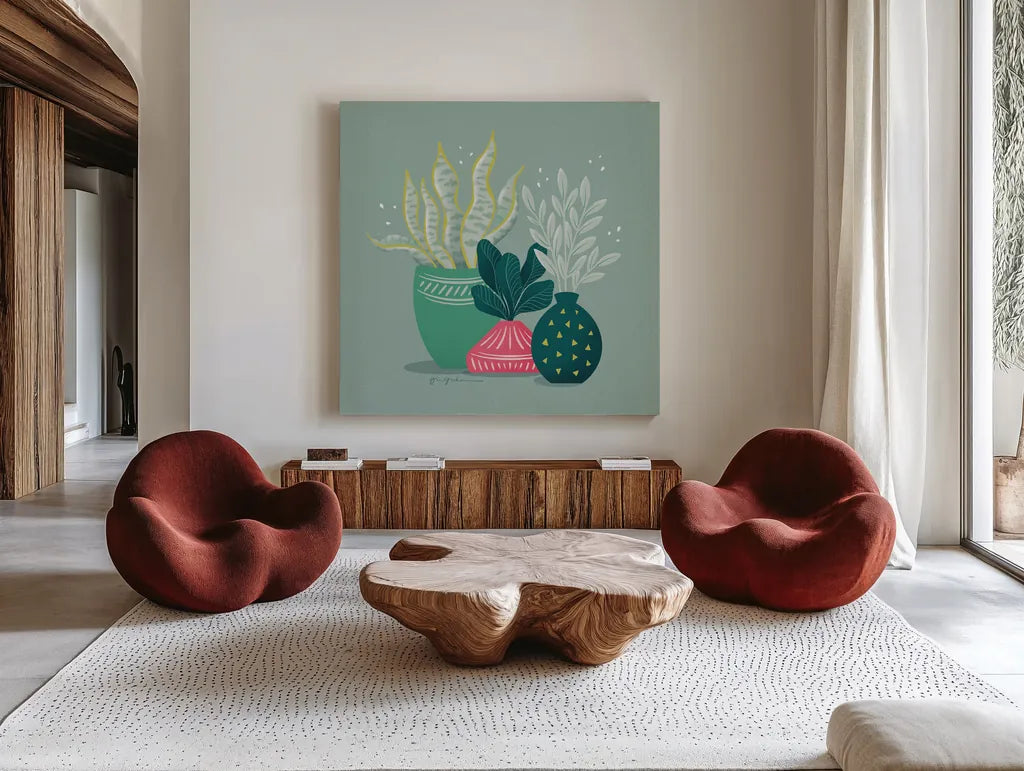 Lush Life VIII by Gia Graham. Shown as extra-large giant wall art in a modern living room. Available as an archival giclee rolled canvas, fine art paper, or poster print. SKU 80225a.