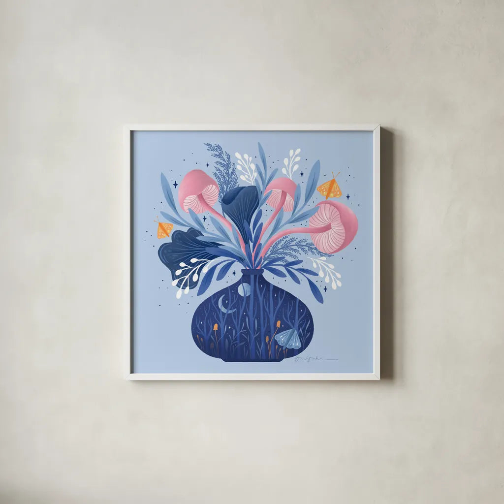 Magical Arrangement by Gia Graham. Shown in a crisp white glass frame for a clean and minimalist style. Available as an archival giclee rolled canvas, fine art paper, or poster print. SKU 87440a.