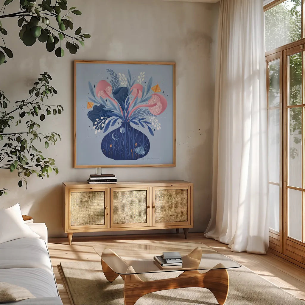 Magical Arrangement by Gia Graham. Shown in a natural wood frame in a cozy modern living room. Available as an archival giclee rolled canvas, fine art paper, or poster print. SKU 87440a.