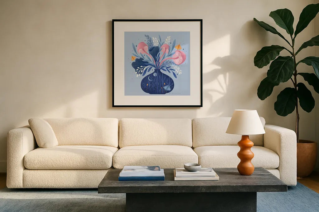 Magical Arrangement by Gia Graham. Displayed in a glass frame with matte in a clean modern living room. Available as an archival giclee rolled canvas, fine art paper, or poster print. SKU 87440a.