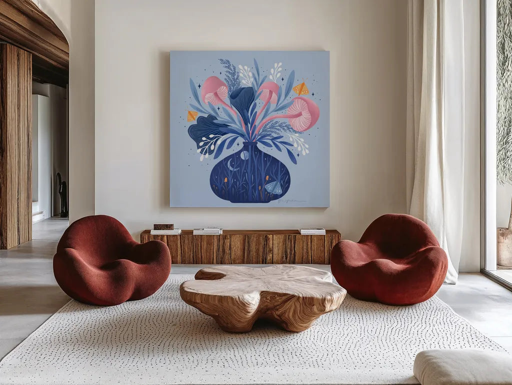 Magical Arrangement by Gia Graham. Shown as extra-large giant wall art in a modern living room. Available as an archival giclee rolled canvas, fine art paper, or poster print. SKU 87440a.
