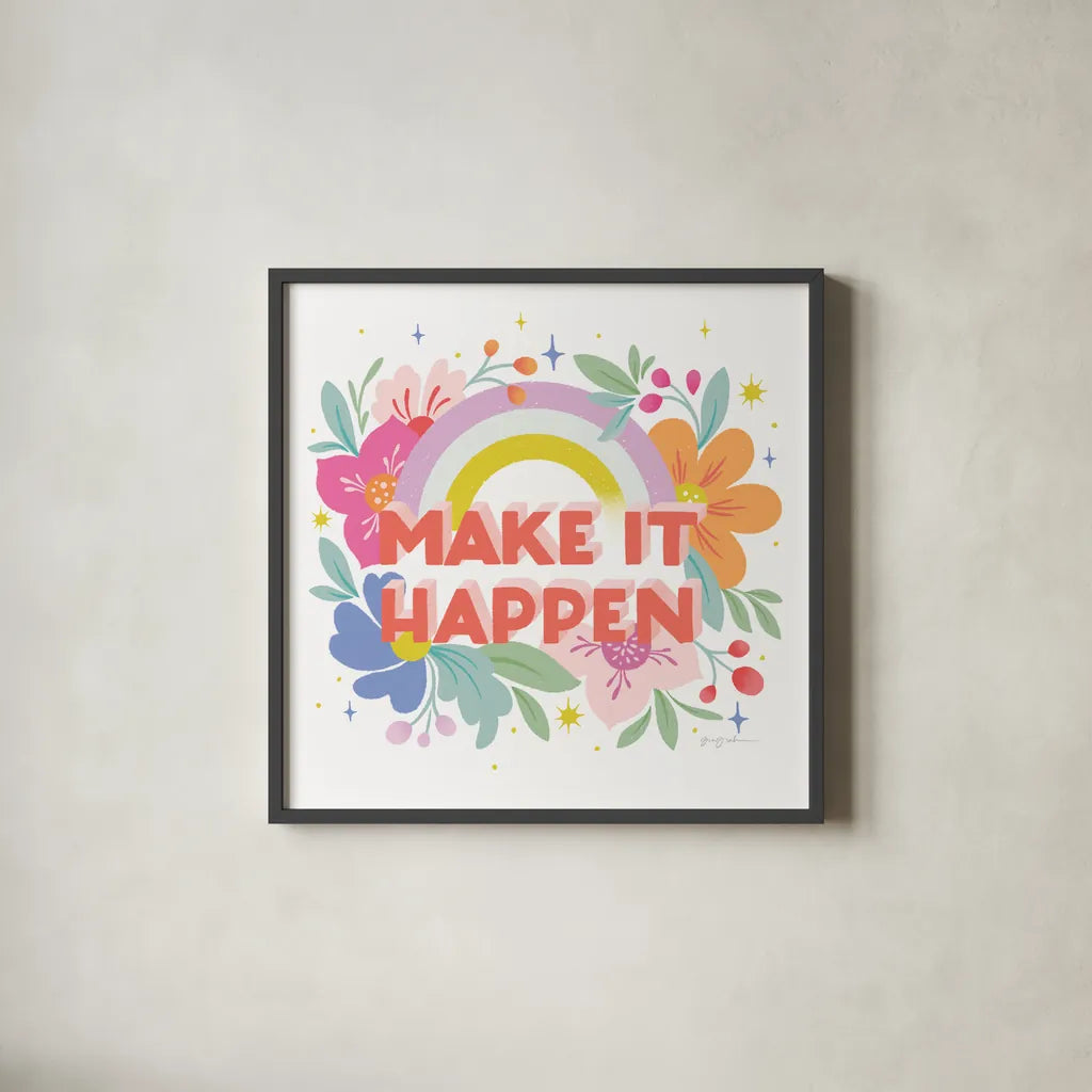 Make It Happen I Sq by Gia Graham. Shown in a sleek black glass frame for a contemporary gallery look. Available as an archival giclee rolled canvas, fine art paper, or poster print. SKU 75082a.