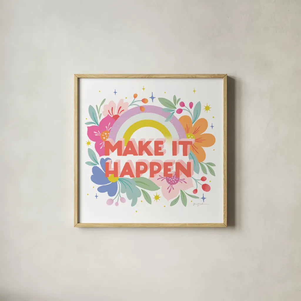 Make It Happen I Sq by Gia Graham. Shown in a natural wood glass frame for a timeless modern aesthetic. Available as an archival giclee rolled canvas, fine art paper, or poster print. SKU 75082a.