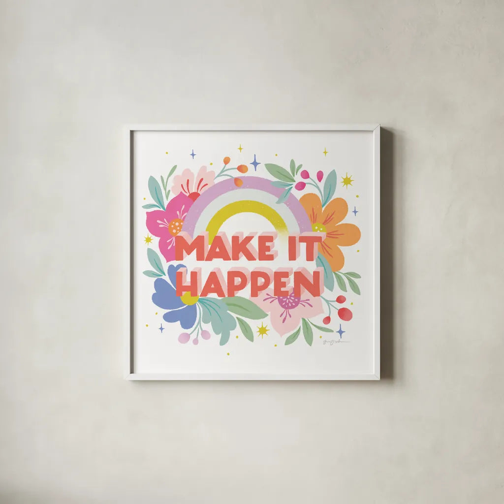 Make It Happen I Sq by Gia Graham. Shown in a crisp white glass frame for a clean and minimalist style. Available as an archival giclee rolled canvas, fine art paper, or poster print. SKU 75082a.