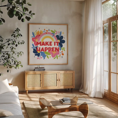 Make it Happen I Bright Sq by Gia Graham. Shown in a natural wood frame in a cozy modern living room. Available as an archival giclee rolled canvas, fine art paper, or poster print. SKU 79546a.