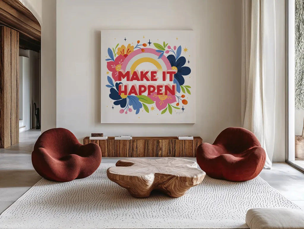 Make it Happen I Bright Sq by Gia Graham. Shown as extra-large giant wall art in a modern living room. Available as an archival giclee rolled canvas, fine art paper, or poster print. SKU 79546a.