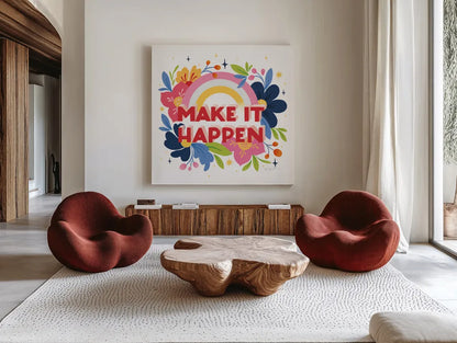Make it Happen I Bright Sq by Gia Graham. Shown as extra-large giant wall art in a modern living room. Available as an archival giclee rolled canvas, fine art paper, or poster print. SKU 79546a.