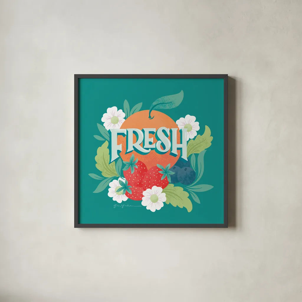 Market Fresh I by Gia Graham. Shown in a sleek black glass frame for a contemporary gallery look. Available as an archival giclee rolled canvas, fine art paper, or poster print. SKU 74529a.
