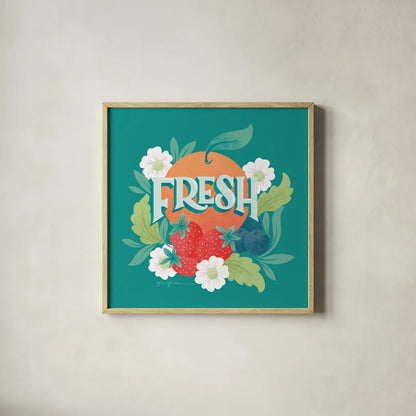 Market Fresh I by Gia Graham. Shown in a natural wood glass frame for a timeless modern aesthetic. Available as an archival giclee rolled canvas, fine art paper, or poster print. SKU 74529a.
