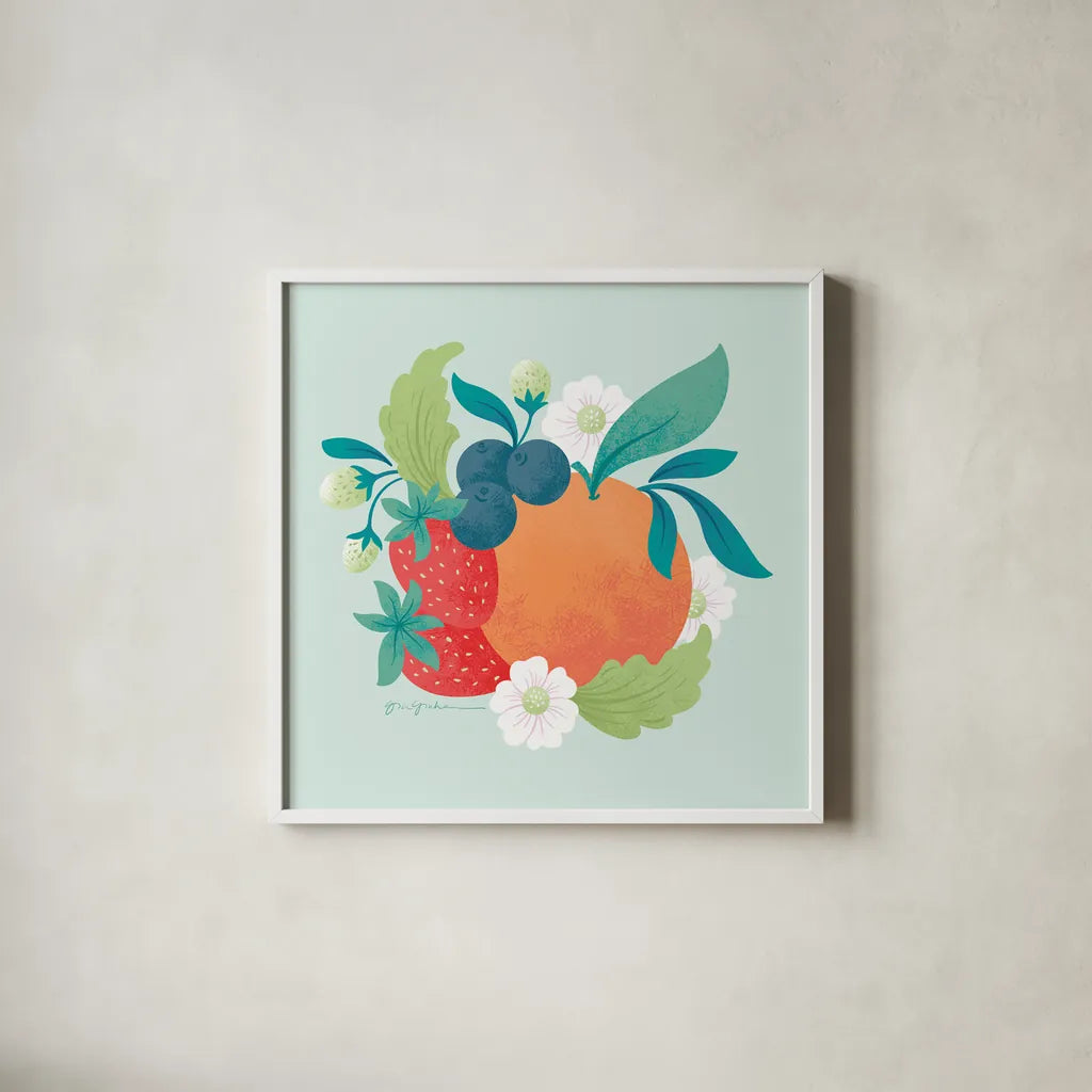 Market Fresh II by Gia Graham. Shown in a crisp white glass frame for a clean and minimalist style. Available as an archival giclee rolled canvas, fine art paper, or poster print. SKU 74530a.