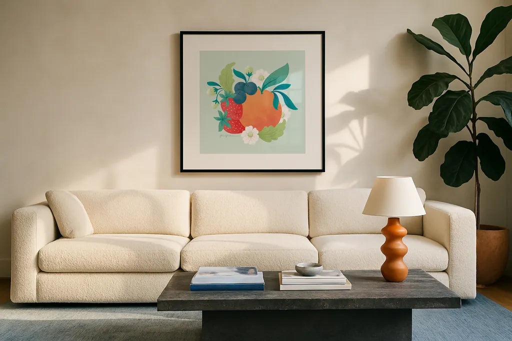 Market Fresh II by Gia Graham. Displayed in a glass frame with matte in a clean modern living room. Available as an archival giclee rolled canvas, fine art paper, or poster print. SKU 74530a.