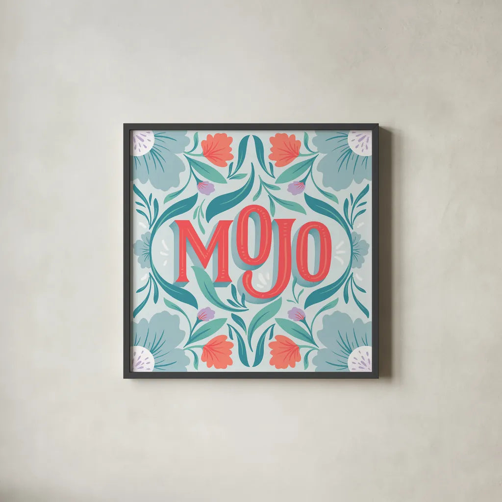 Mojo I by Gia Graham. Shown in a sleek black glass frame for a contemporary gallery look. Available as an archival giclee rolled canvas, fine art paper, or poster print. SKU 75360a.