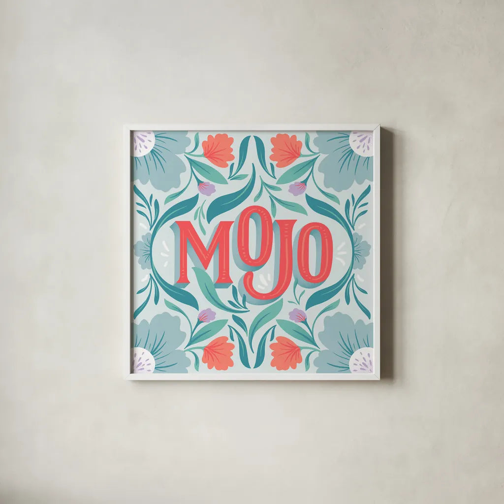 Mojo I by Gia Graham. Shown in a crisp white glass frame for a clean and minimalist style. Available as an archival giclee rolled canvas, fine art paper, or poster print. SKU 75360a.