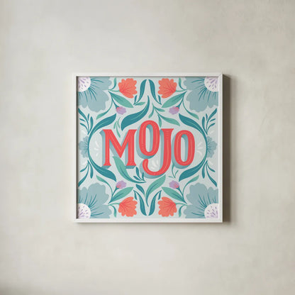 Mojo I by Gia Graham. Shown in a crisp white glass frame for a clean and minimalist style. Available as an archival giclee rolled canvas, fine art paper, or poster print. SKU 75360a.