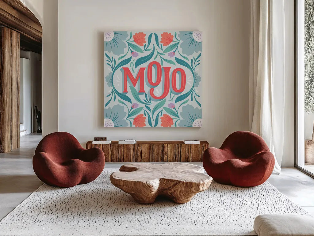 Mojo I by Gia Graham. Shown as extra-large giant wall art in a modern living room. Available as an archival giclee rolled canvas, fine art paper, or poster print. SKU 75360a.
