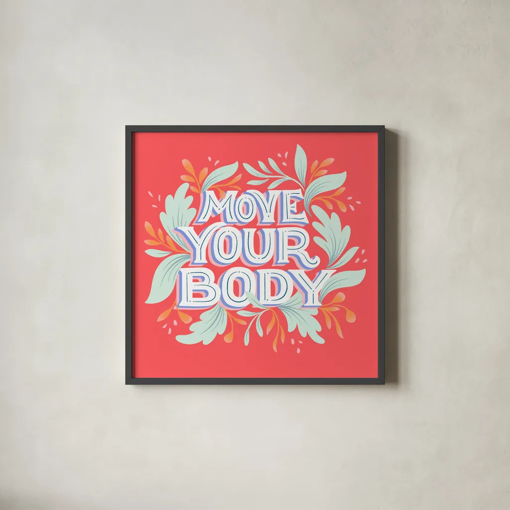 Move Your Body I by Gia Graham. Shown in a sleek black glass frame for a contemporary gallery look. Available as an archival giclee rolled canvas, fine art paper, or poster print. SKU 75361a.