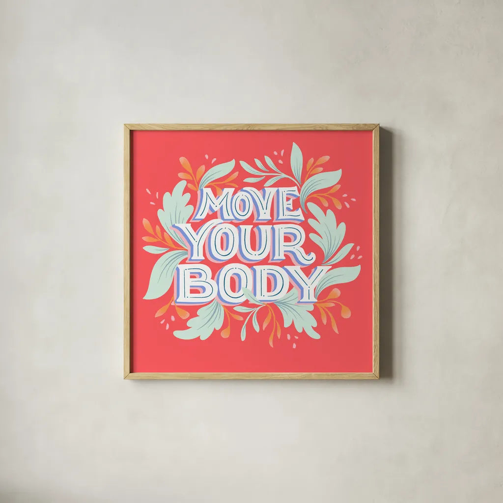 Move Your Body I by Gia Graham. Shown in a natural wood glass frame for a timeless modern aesthetic. Available as an archival giclee rolled canvas, fine art paper, or poster print. SKU 75361a.