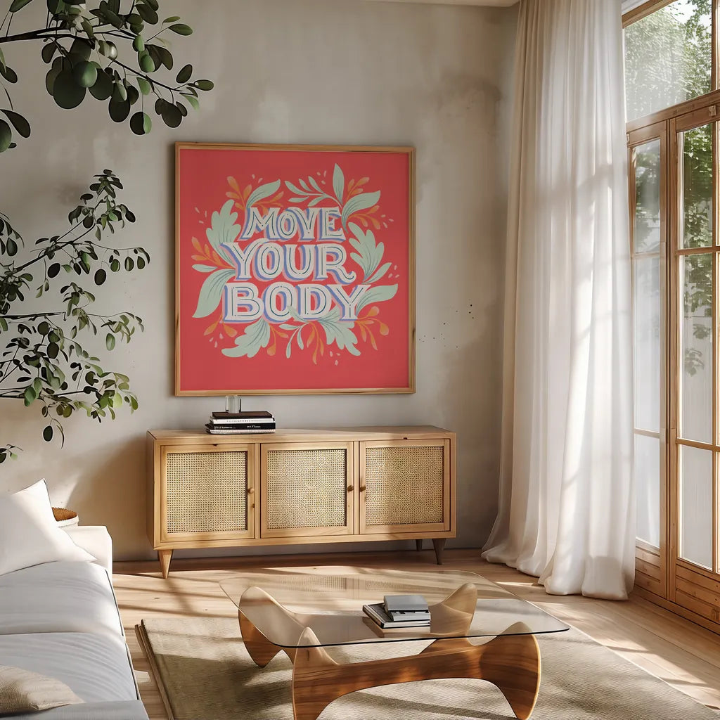 Move Your Body I by Gia Graham. Shown in a natural wood frame in a cozy modern living room. Available as an archival giclee rolled canvas, fine art paper, or poster print. SKU 75361a.