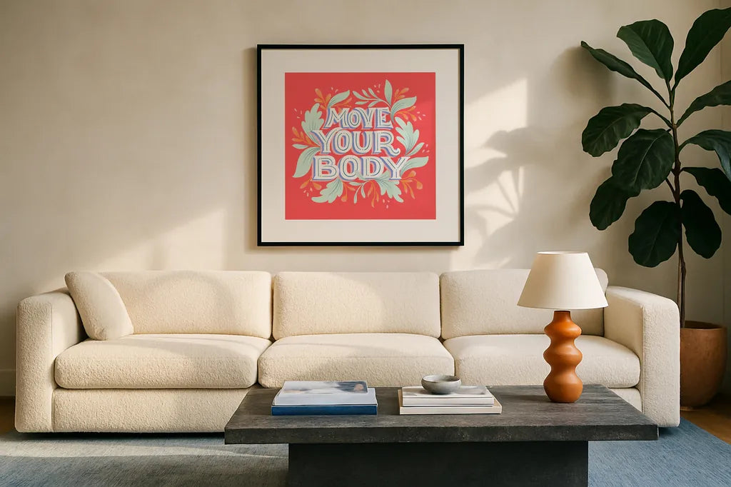 Move Your Body I by Gia Graham. Displayed in a glass frame with matte in a clean modern living room. Available as an archival giclee rolled canvas, fine art paper, or poster print. SKU 75361a.