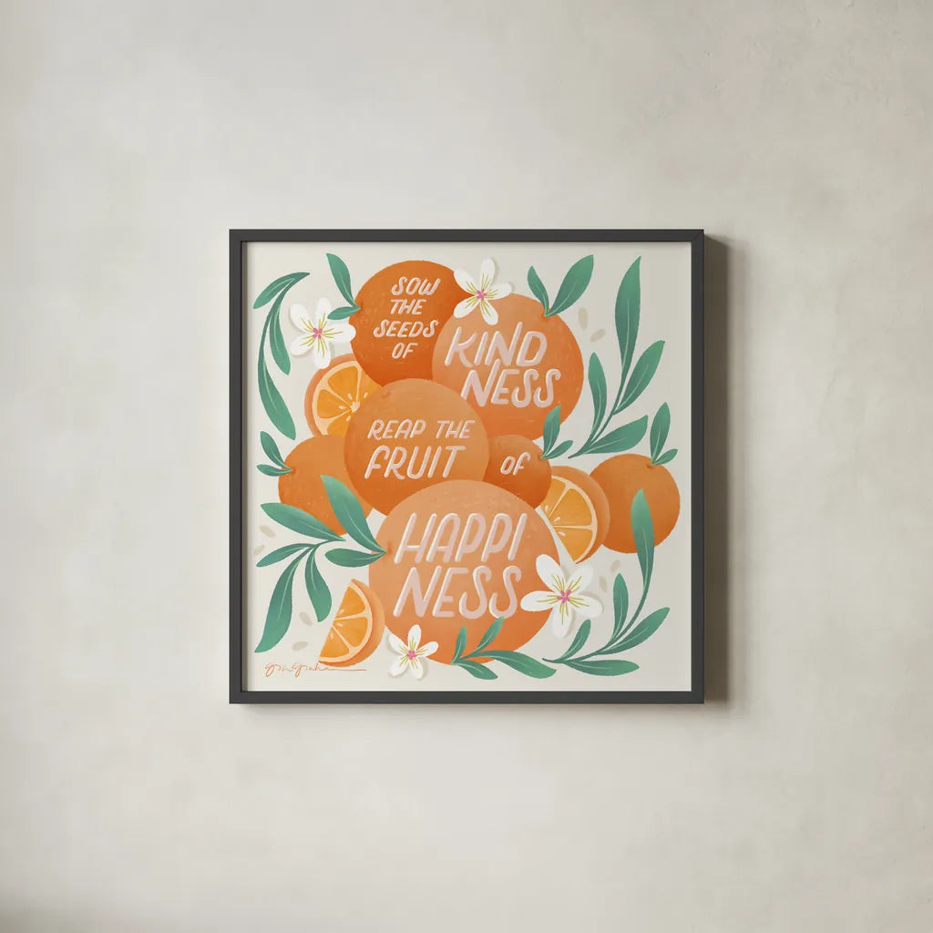 Orange Zest II by Gia Graham. Shown in a sleek black glass frame for a contemporary gallery look. Available as an archival giclee rolled canvas, fine art paper, or poster print. SKU 88933a.