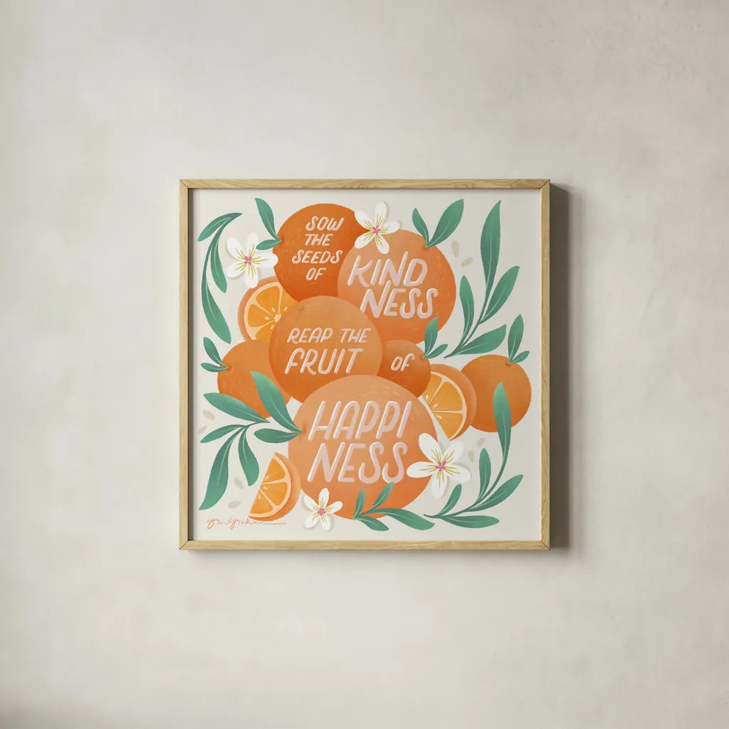 Orange Zest II by Gia Graham. Shown in a natural wood glass frame for a timeless modern aesthetic. Available as an archival giclee rolled canvas, fine art paper, or poster print. SKU 88933a.