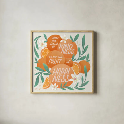 Orange Zest II by Gia Graham. Shown in a natural wood glass frame for a timeless modern aesthetic. Available as an archival giclee rolled canvas, fine art paper, or poster print. SKU 88933a.