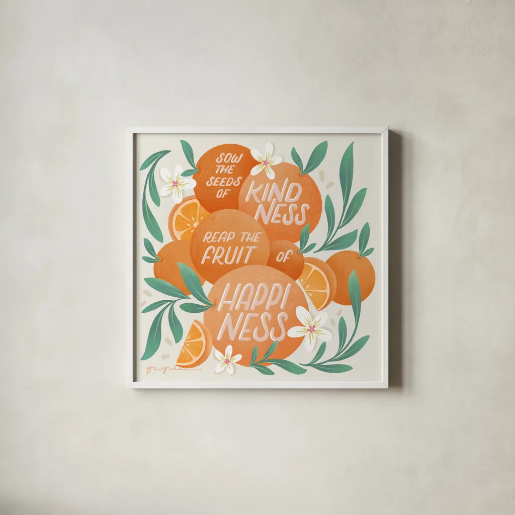 Orange Zest II by Gia Graham. Shown in a crisp white glass frame for a clean and minimalist style. Available as an archival giclee rolled canvas, fine art paper, or poster print. SKU 88933a.