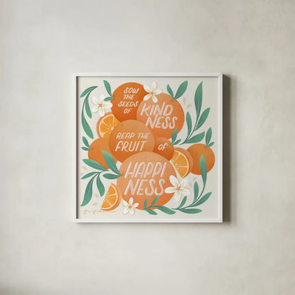 Orange Zest II by Gia Graham. Shown in a crisp white glass frame for a clean and minimalist style. Available as an archival giclee rolled canvas, fine art paper, or poster print. SKU 88933a.