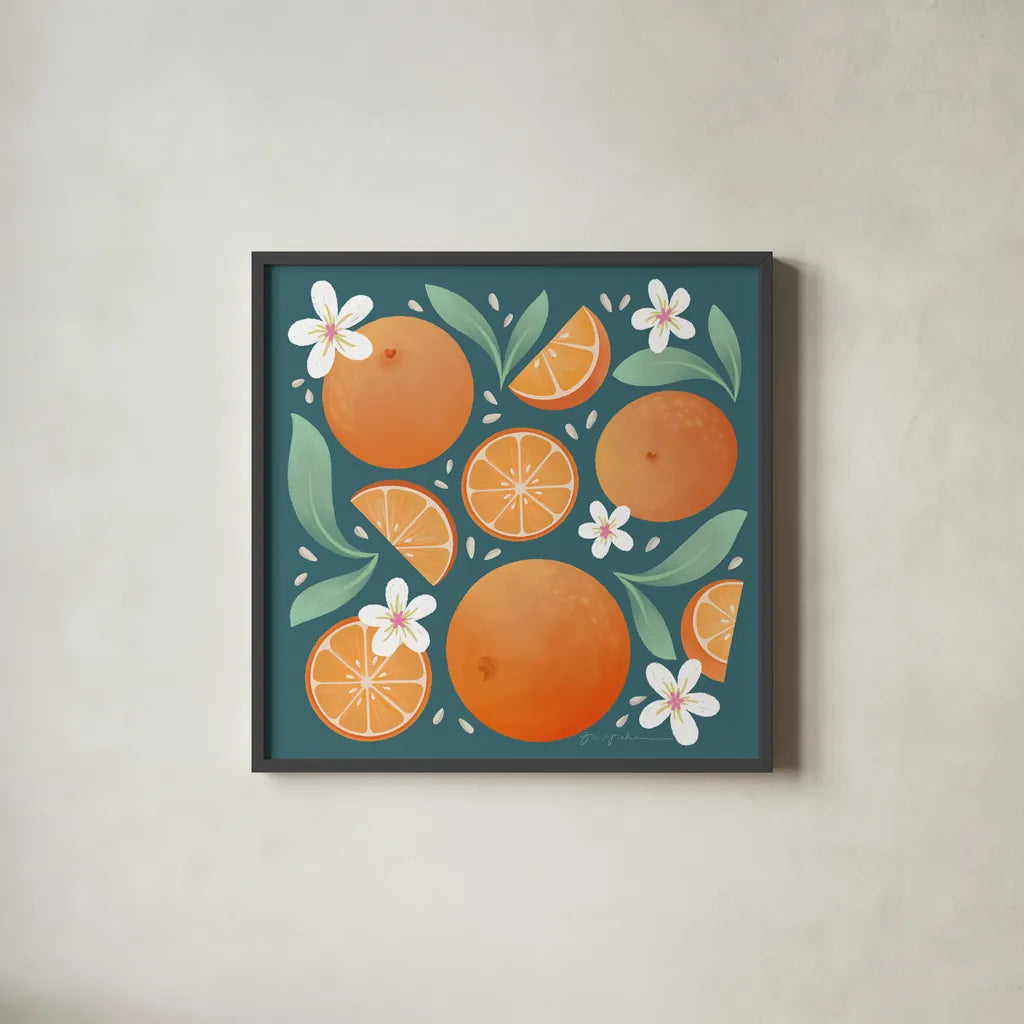 Orange Zest III by Gia Graham. Shown in a sleek black glass frame for a contemporary gallery look. Available as an archival giclee rolled canvas, fine art paper, or poster print. SKU 88934a.