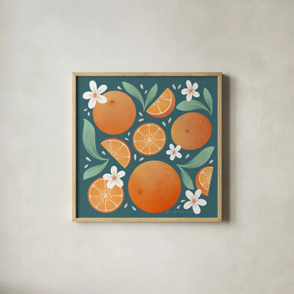 Orange Zest III by Gia Graham. Shown in a natural wood glass frame for a timeless modern aesthetic. Available as an archival giclee rolled canvas, fine art paper, or poster print. SKU 88934a.