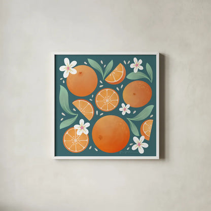 Orange Zest III by Gia Graham. Shown in a crisp white glass frame for a clean and minimalist style. Available as an archival giclee rolled canvas, fine art paper, or poster print. SKU 88934a.