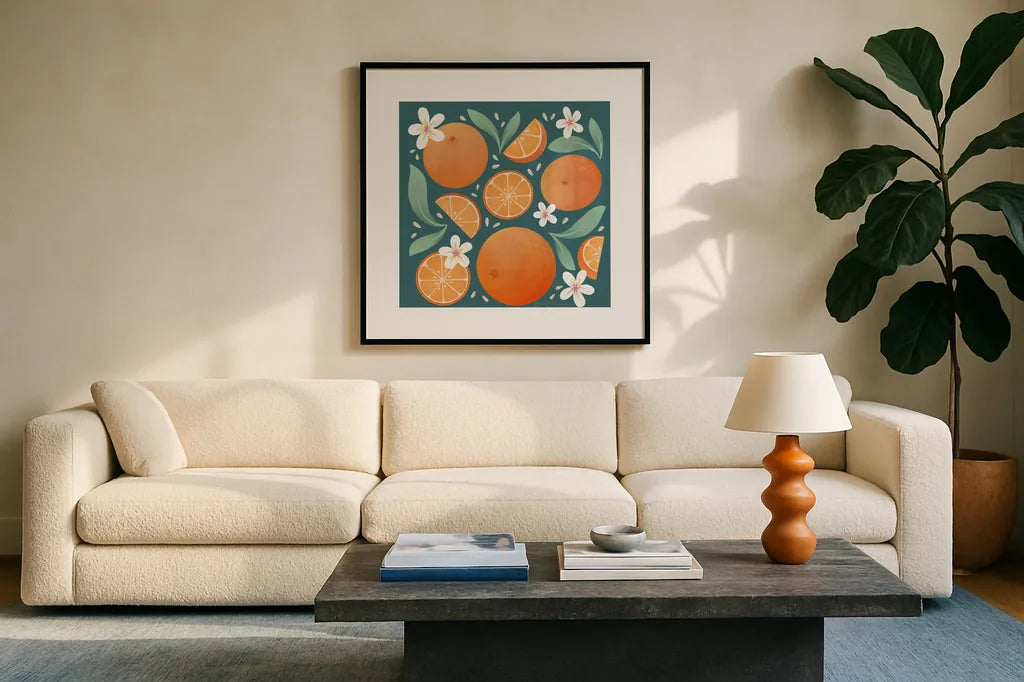 Orange Zest III by Gia Graham. Displayed in a glass frame with matte in a clean modern living room. Available as an archival giclee rolled canvas, fine art paper, or poster print. SKU 88934a.