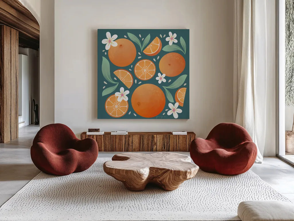 Orange Zest III by Gia Graham. Shown as extra-large giant wall art in a modern living room. Available as an archival giclee rolled canvas, fine art paper, or poster print. SKU 88934a.