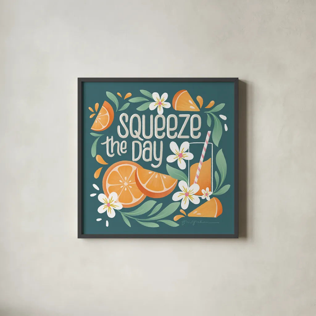 Orange Zest IV by Gia Graham. Shown in a sleek black glass frame for a contemporary gallery look. Available as an archival giclee rolled canvas, fine art paper, or poster print. SKU 88935a.