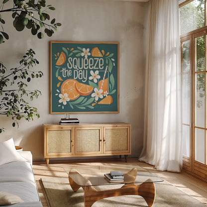 Orange Zest IV by Gia Graham. Shown in a natural wood frame in a cozy modern living room. Available as an archival giclee rolled canvas, fine art paper, or poster print. SKU 88935a.