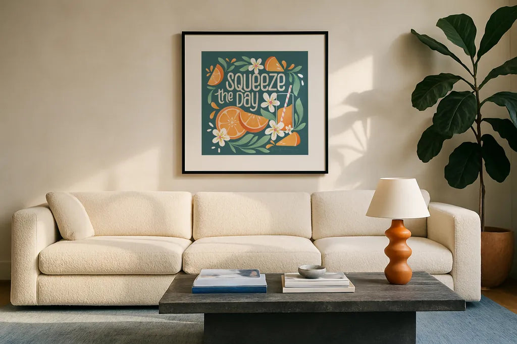 Orange Zest IV by Gia Graham. Displayed in a glass frame with matte in a clean modern living room. Available as an archival giclee rolled canvas, fine art paper, or poster print. SKU 88935a.