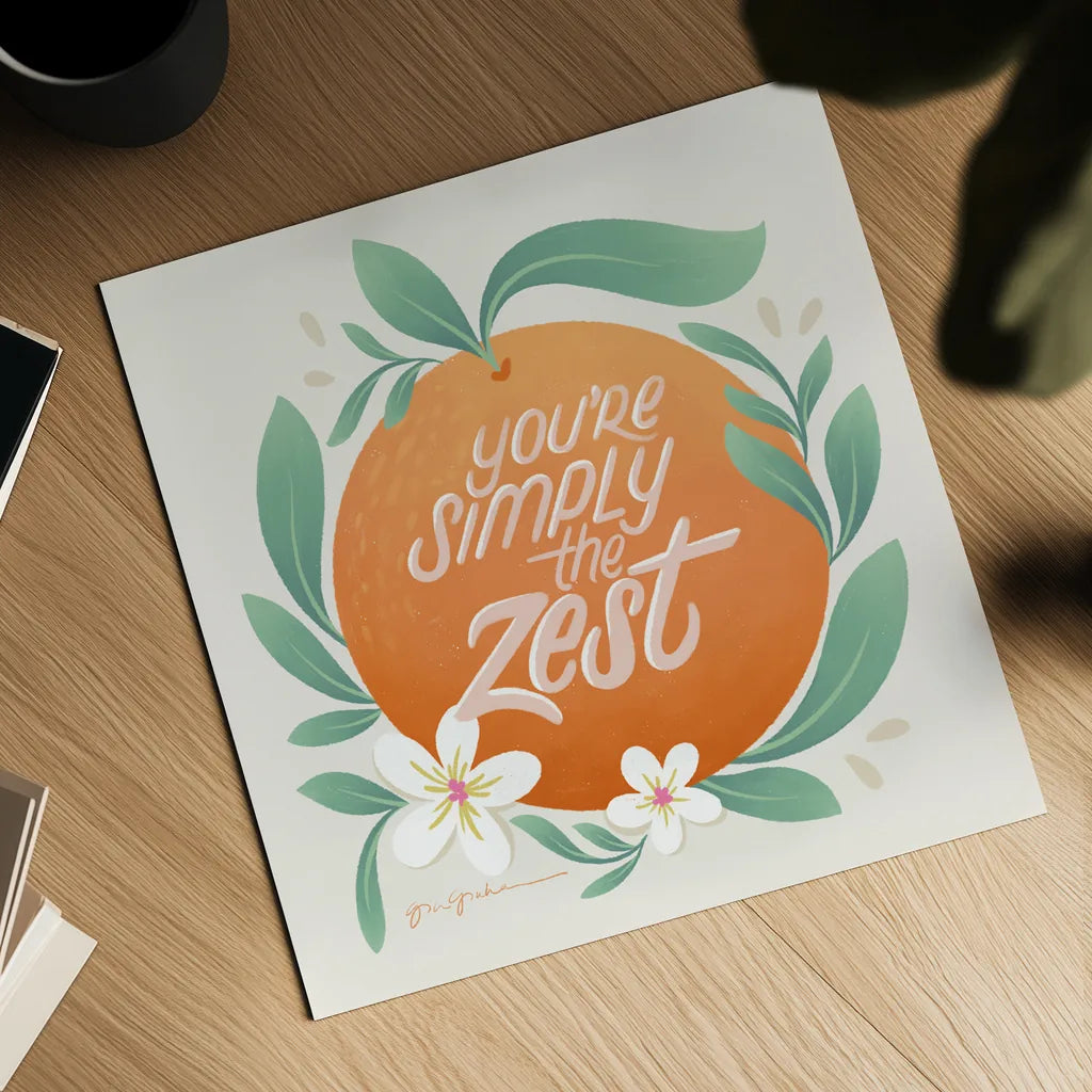 Orange Zest V by Gia Graham. Shown as a detailed flat fine art print, highlighting archival giclee quality. Available as an archival giclee rolled canvas, fine art paper, or poster print. SKU 88936a.