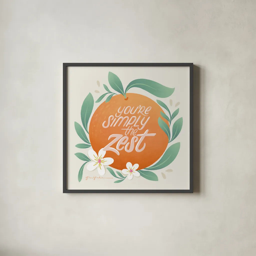 Orange Zest V by Gia Graham. Shown in a sleek black glass frame for a contemporary gallery look. Available as an archival giclee rolled canvas, fine art paper, or poster print. SKU 88936a.