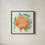 Orange Zest V by Gia Graham. Shown in a sleek black glass frame for a contemporary gallery look. Available as an archival giclee rolled canvas, fine art paper, or poster print. SKU 88936a.