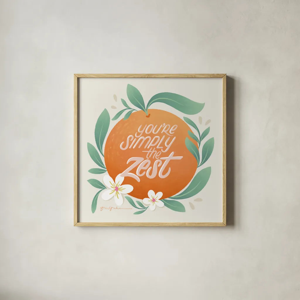 Orange Zest V by Gia Graham. Shown in a natural wood glass frame for a timeless modern aesthetic. Available as an archival giclee rolled canvas, fine art paper, or poster print. SKU 88936a.