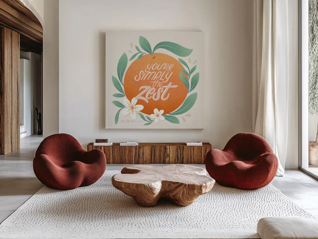 Orange Zest V by Gia Graham. Shown as extra-large giant wall art in a modern living room. Available as an archival giclee rolled canvas, fine art paper, or poster print. SKU 88936a.