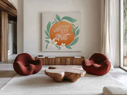 Orange Zest V by Gia Graham. Shown as extra-large giant wall art in a modern living room. Available as an archival giclee rolled canvas, fine art paper, or poster print. SKU 88936a.