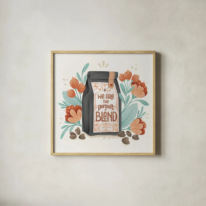 Perfect Blend I by Gia Graham. Shown in a natural wood glass frame for a timeless modern aesthetic. Available as an archival giclee rolled canvas, fine art paper, or poster print. SKU 92122a.