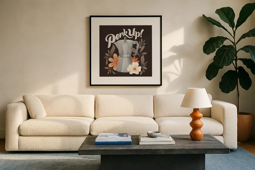 Perfect Blend III by Gia Graham. Displayed in a glass frame with matte in a clean modern living room. Available as an archival giclee rolled canvas, fine art paper, or poster print. SKU 92124a.