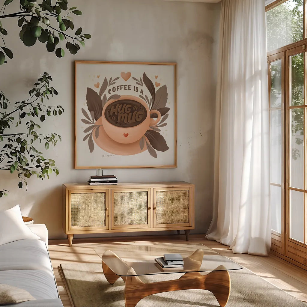 Perfect Blend IV by Gia Graham. Shown in a natural wood frame in a cozy modern living room. Available as an archival giclee rolled canvas, fine art paper, or poster print. SKU 92125a.