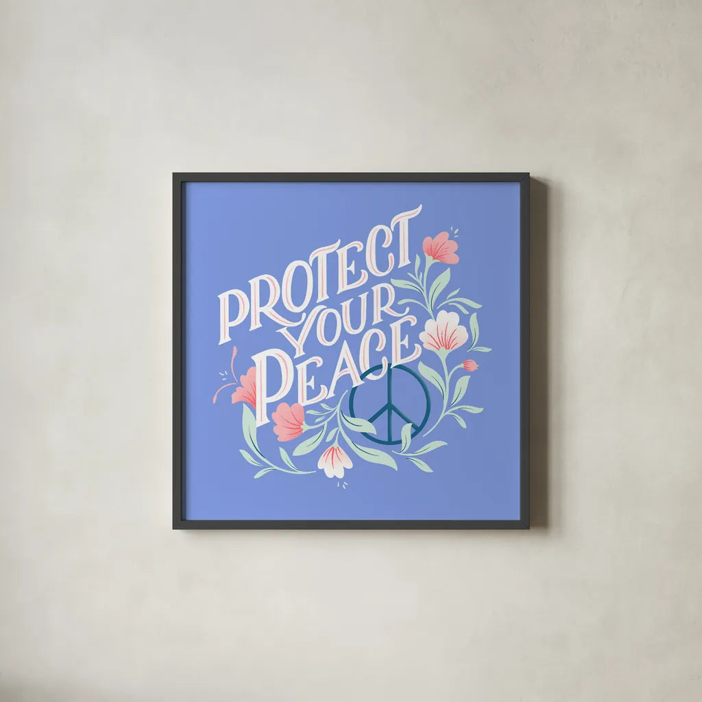 Protect Your Peace I by Gia Graham. Shown in a sleek black glass frame for a contemporary gallery look. Available as an archival giclee rolled canvas, fine art paper, or poster print. SKU 75362a.