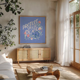 Protect Your Peace I by Gia Graham. Shown in a natural wood frame in a cozy modern living room. Available as an archival giclee rolled canvas, fine art paper, or poster print. SKU 75362a.