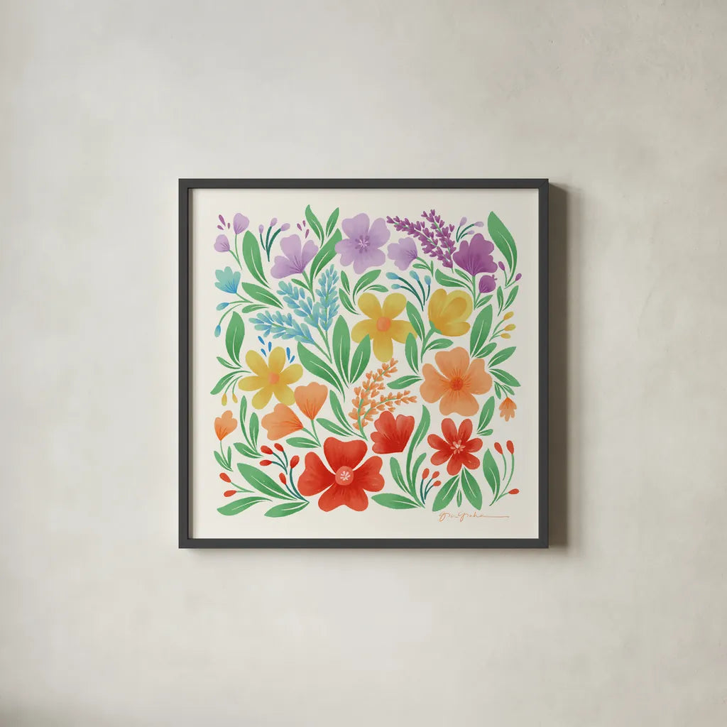 Rainbow Florals II by Gia Graham. Shown in a sleek black glass frame for a contemporary gallery look. Available as an archival giclee rolled canvas, fine art paper, or poster print. SKU 87740a.