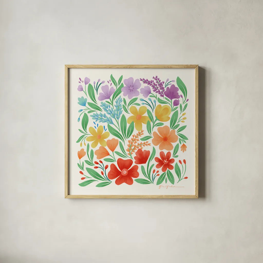 Rainbow Florals II by Gia Graham. Shown in a natural wood glass frame for a timeless modern aesthetic. Available as an archival giclee rolled canvas, fine art paper, or poster print. SKU 87740a.